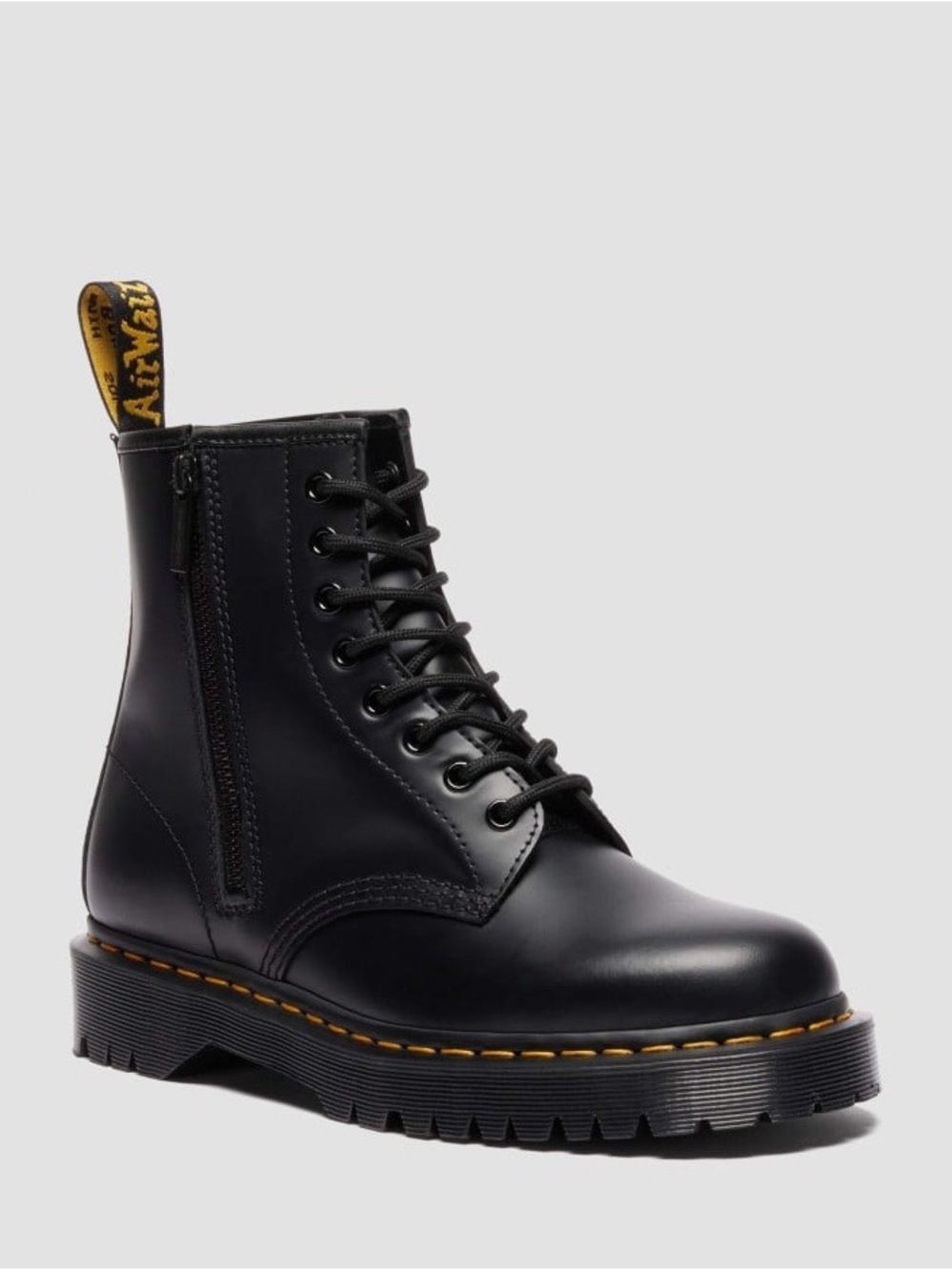 Dr. Martens Black Leather Lace-Up Zip Ankle Boots with Yellow Heel Loop